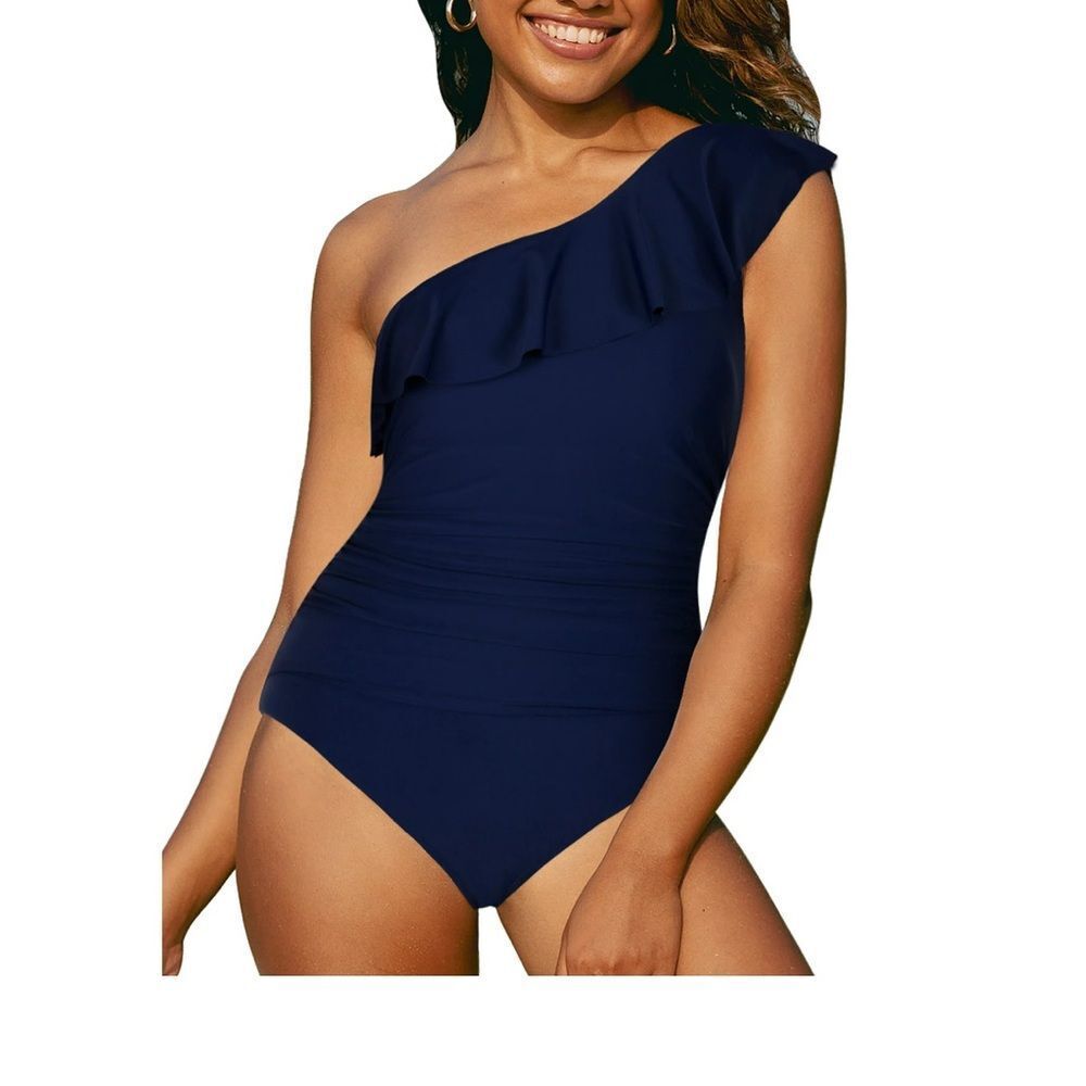 NWT Hilor One Piece Swimsuits One Shoulder Swimwear Asymmetric Ruffle Navy 10